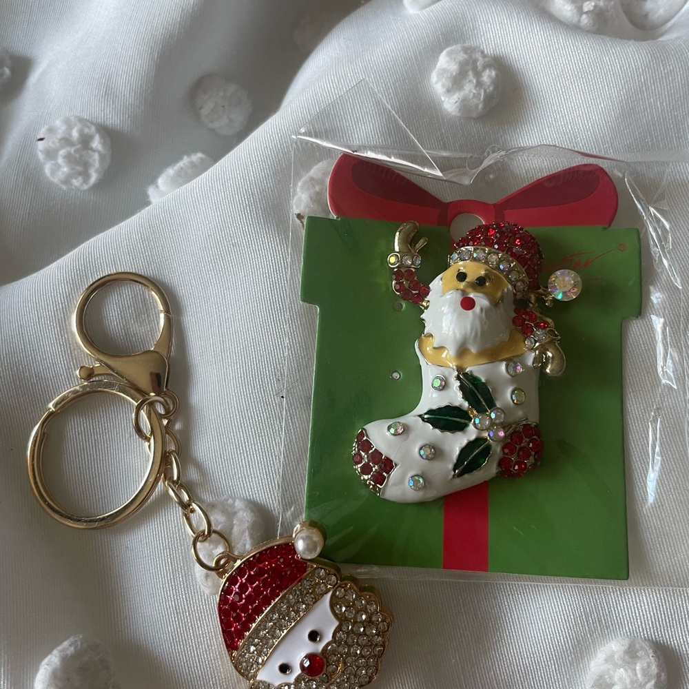 Festive Santa Keychain and Brooch Set